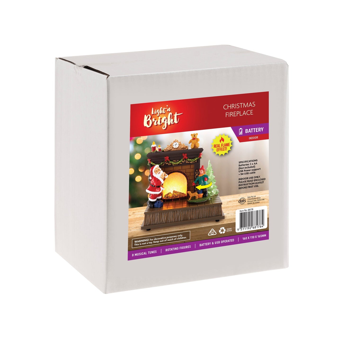 Christmas Fireplace w Flame Effect B/OP USB Dual